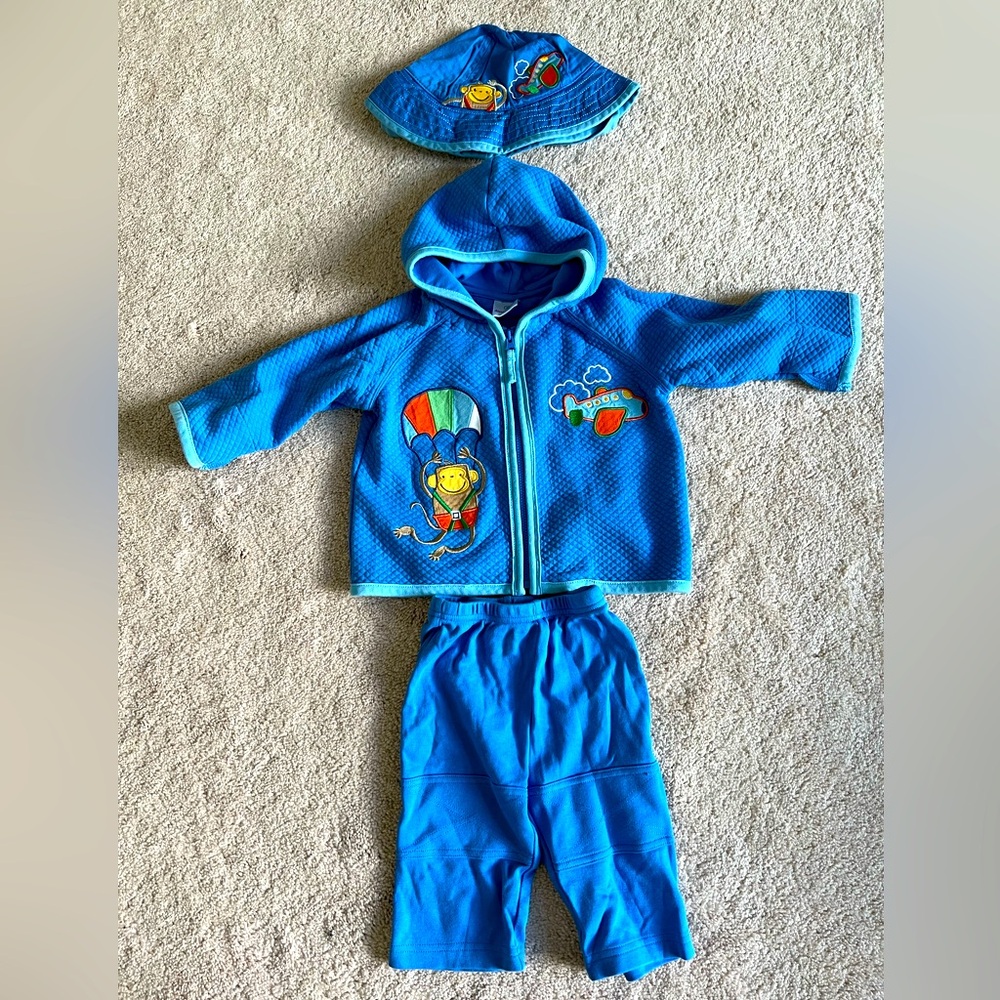 Hanna Andersson Quilted Hoodie Airplane Monkey 70 with pants and XS hat